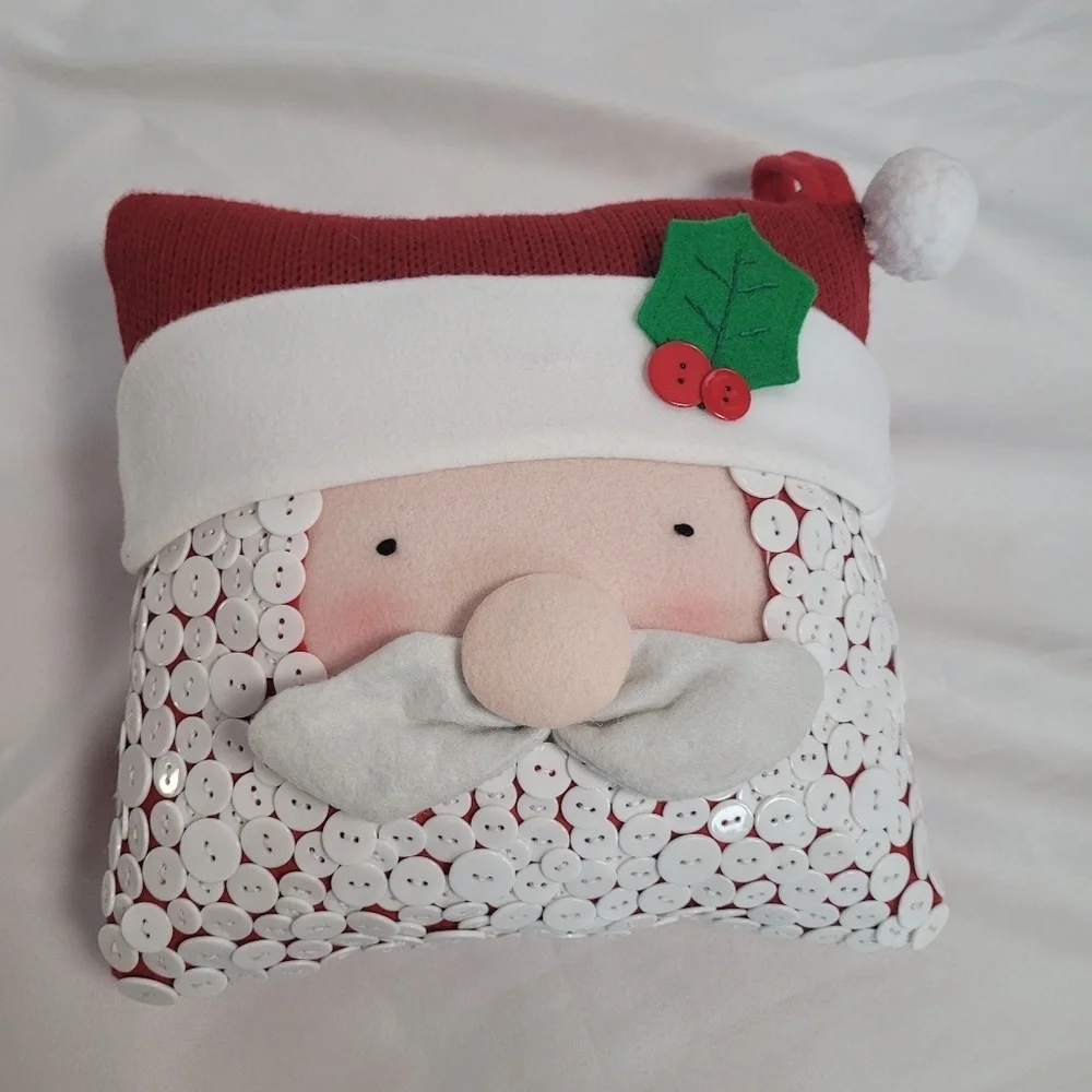 Santa Claus Christmas Decorative Throw Pillow W/ Button Beard 11x11